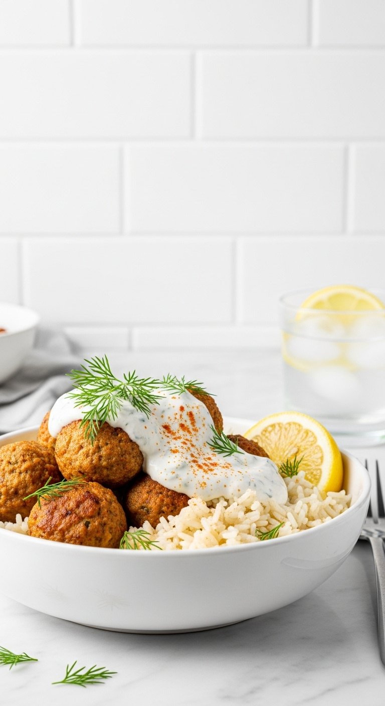 greek-turkey-meatballs-with-lemon-rice-tzatziki-dill-and-paprika