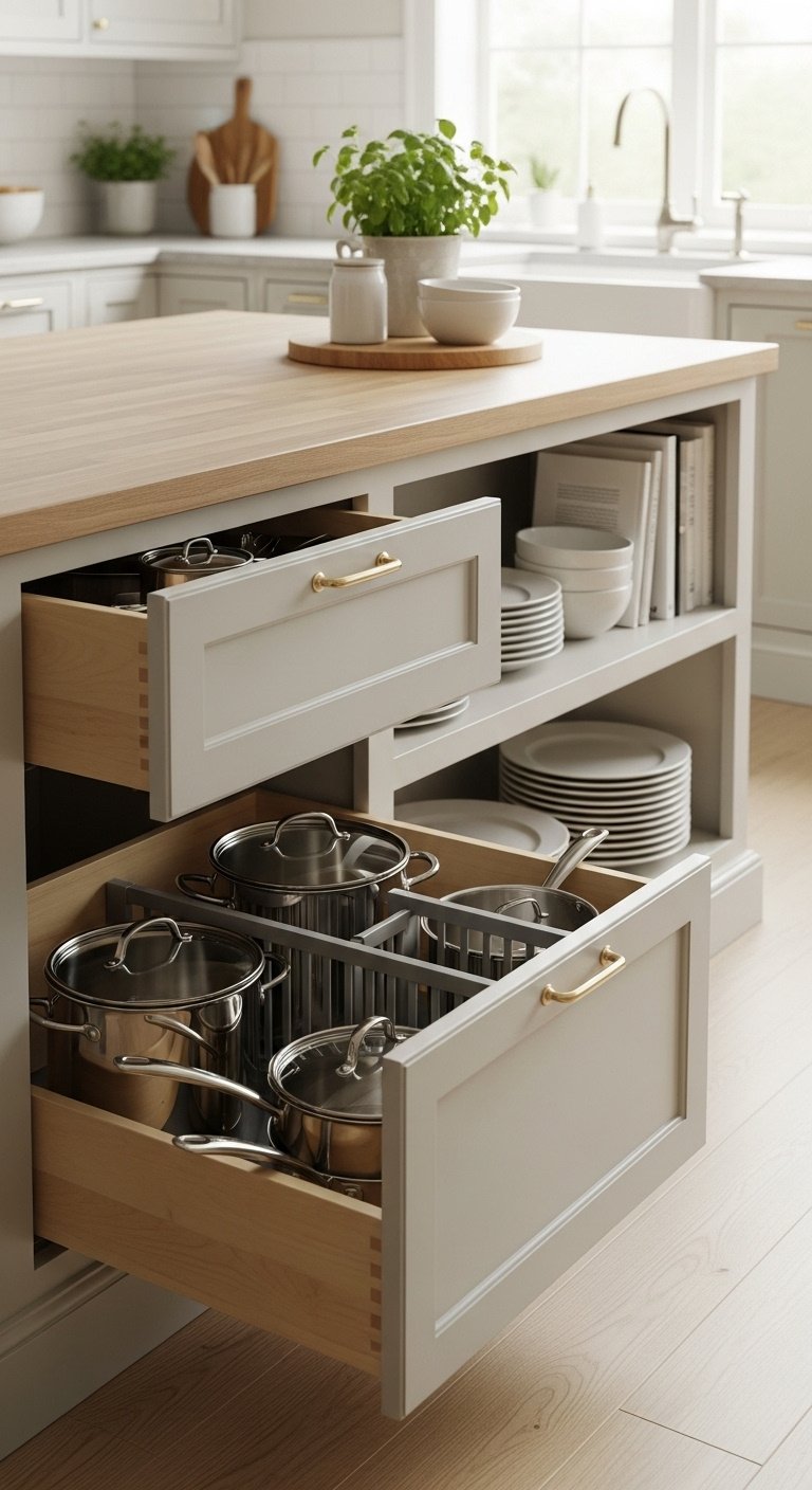 greige kitchen island deep drawer organized pots pans open shelves white plates cookbooks potted herb natural wood floor high resolution 8K