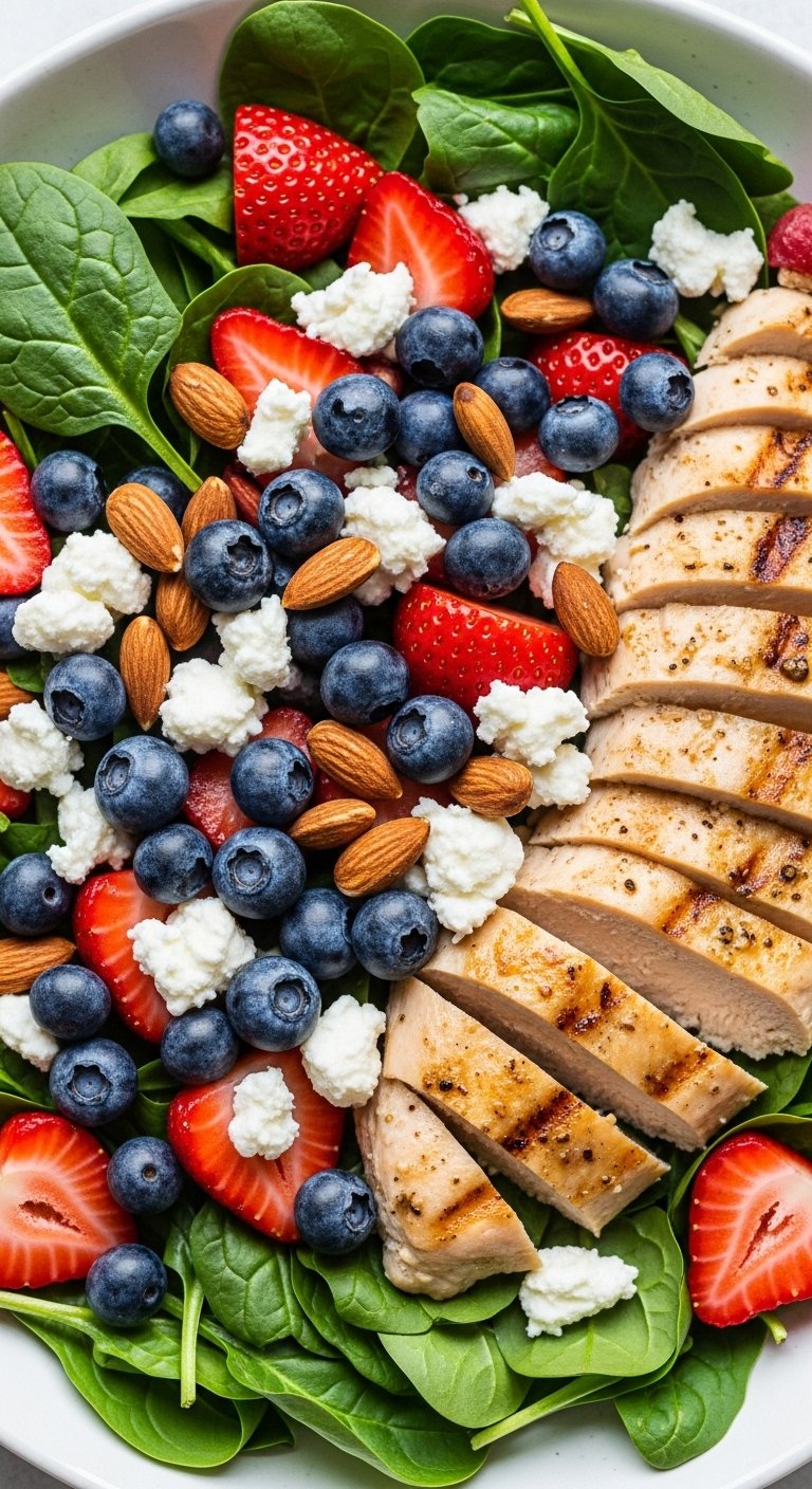 grilled chicken salad with spinach strawberries blueberries goat cheese and toasted almonds in shallow bowl