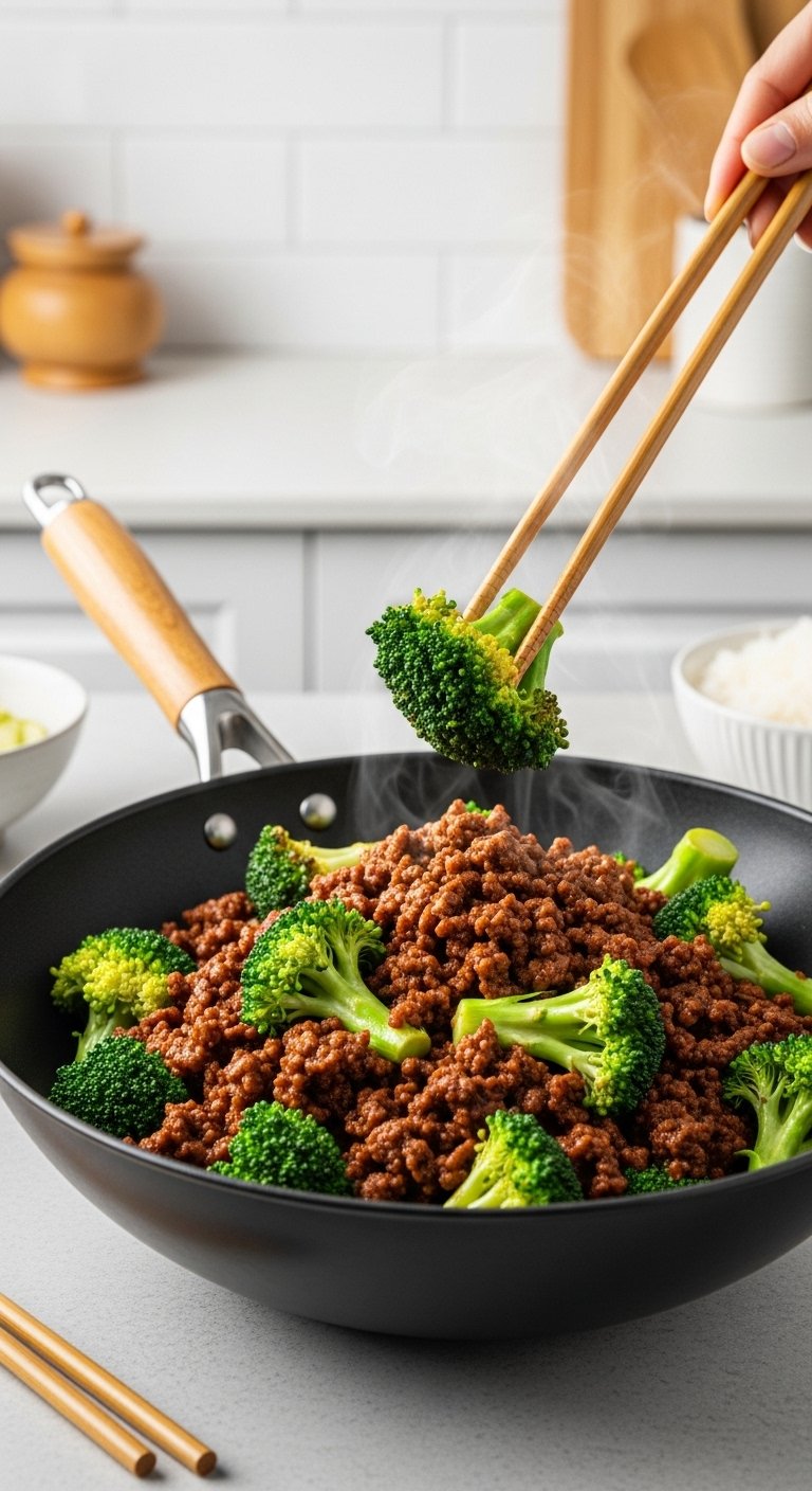 ground beef and broccoli stir fry in wok with glossy sauce