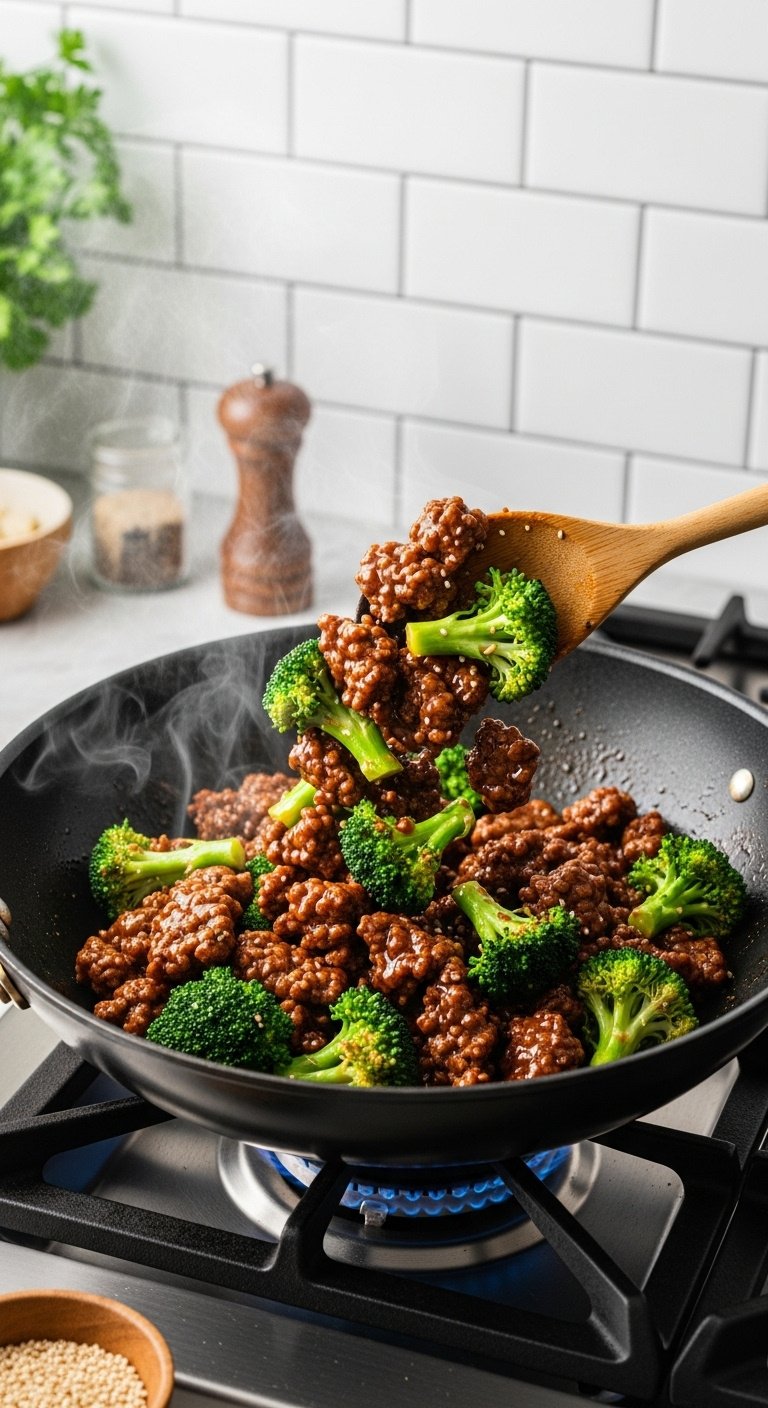 ground-beef-and-broccoli-stir-fry-in-wok-with-sesame-seeds-and-steam