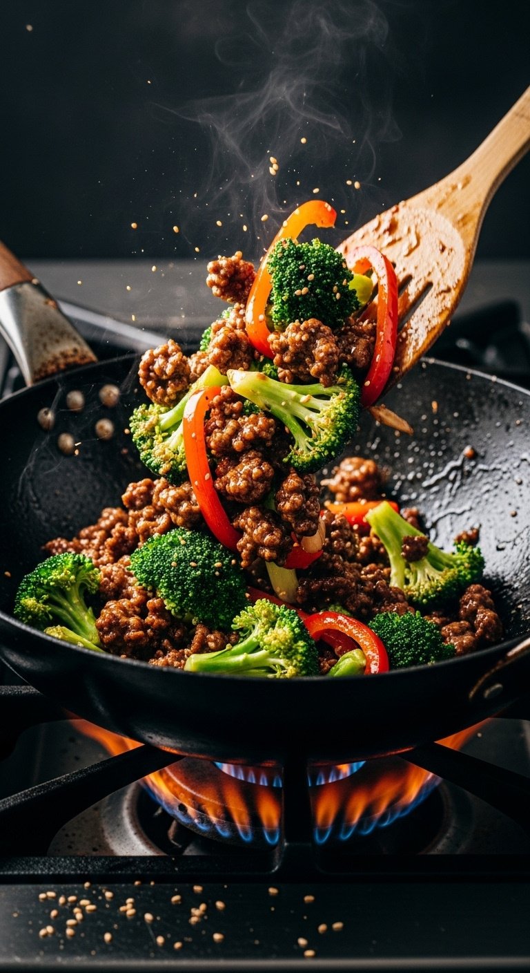 ground beef and broccoli stir fry with red bell peppers in wok tossed with glossy sauce on gas stovetop with flames in background