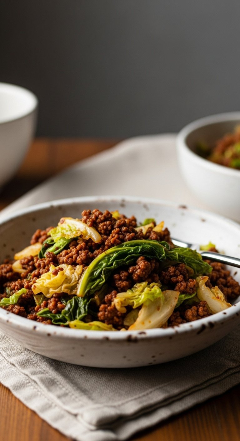 ground beef and cabbage stir fry in rustic white bowl with fork vertical portrait
