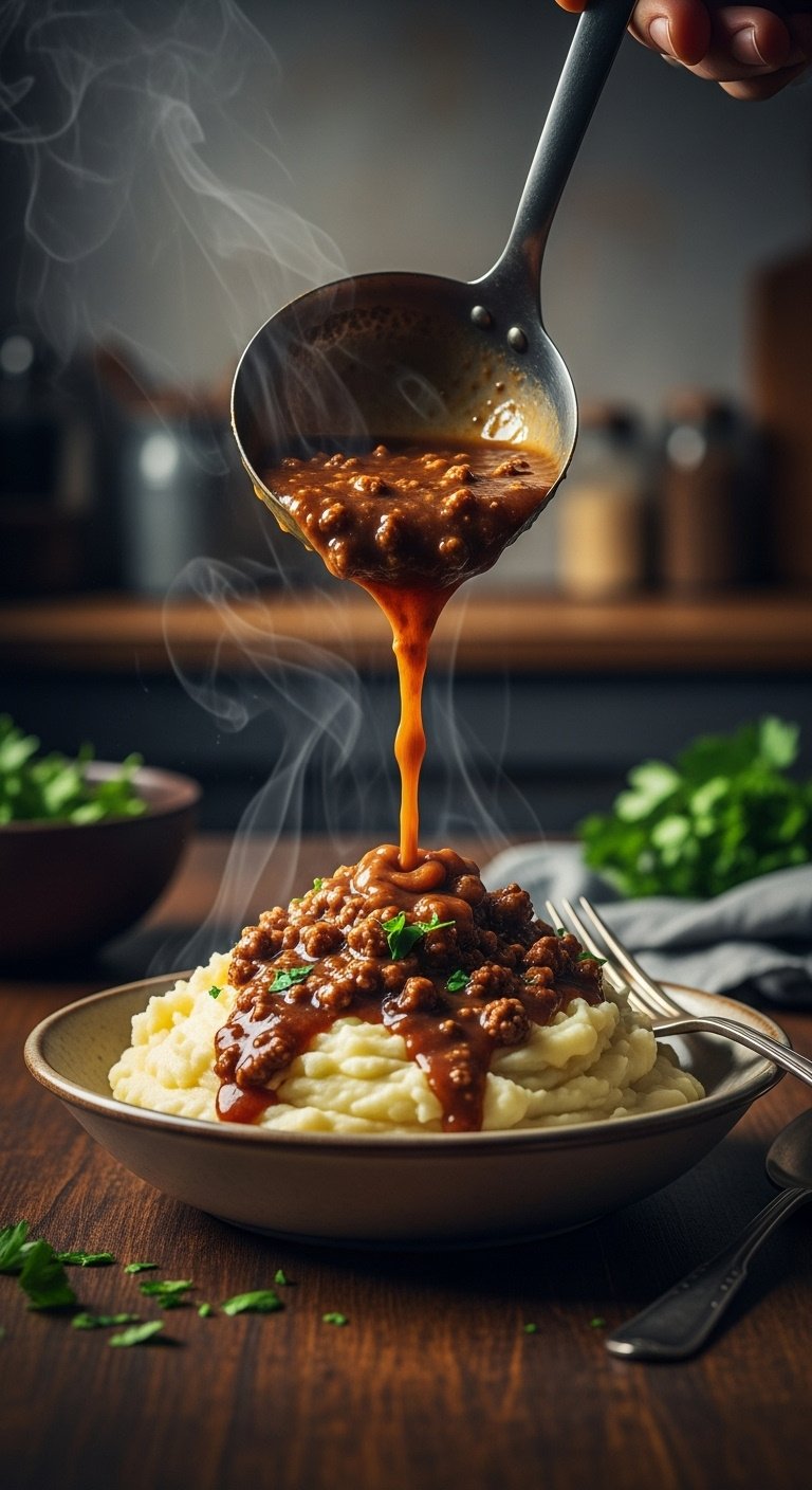 ground-beef-and-gravy-poured-over-mashed-potatoes-in-rustic-bowl