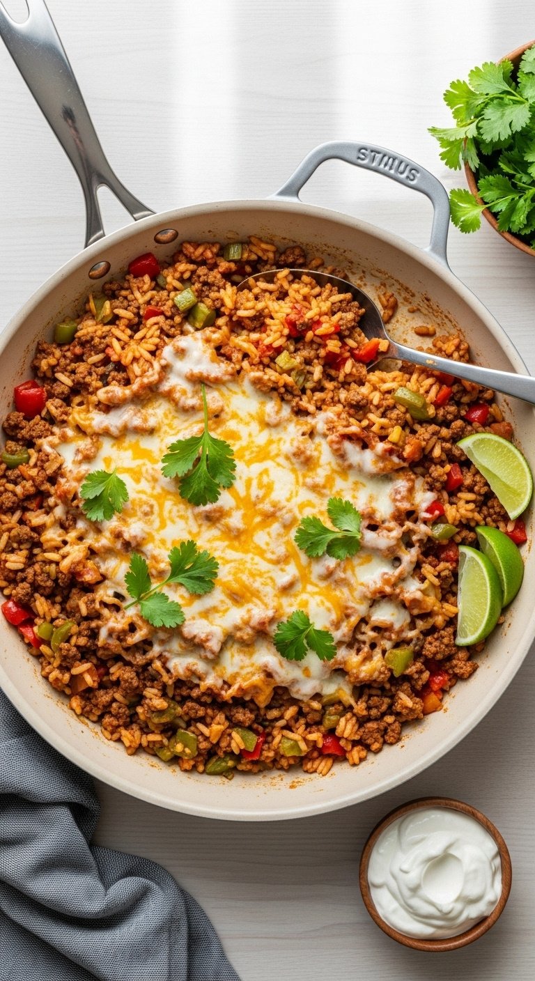 ground-beef-and-rice-skillet-dinner-with-melted-cheese-and-cilantro-garnish