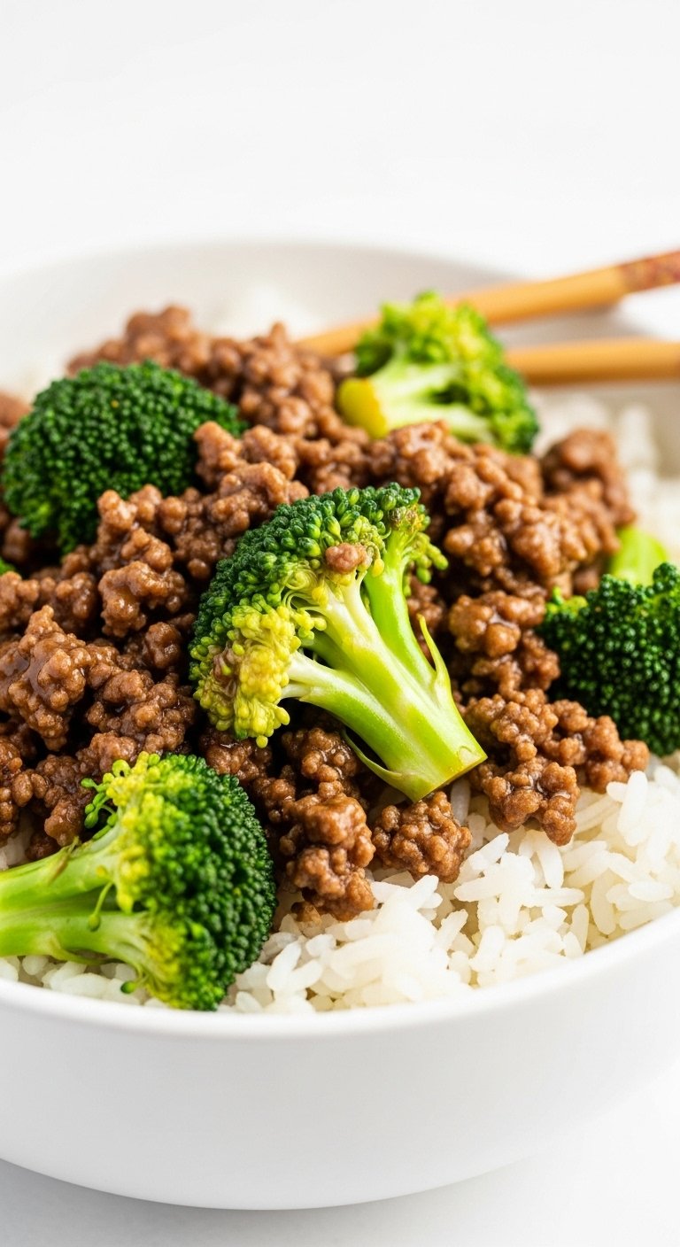 ground beef broccoli stir fry rice glossy sauce chopsticks vibrant meal
