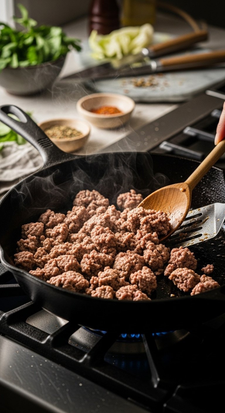 ground-beef-browning-in-skillet-lean-ground-beef-sizzling-cast-iron-skillet-wooden-spoon-steam-seasoning