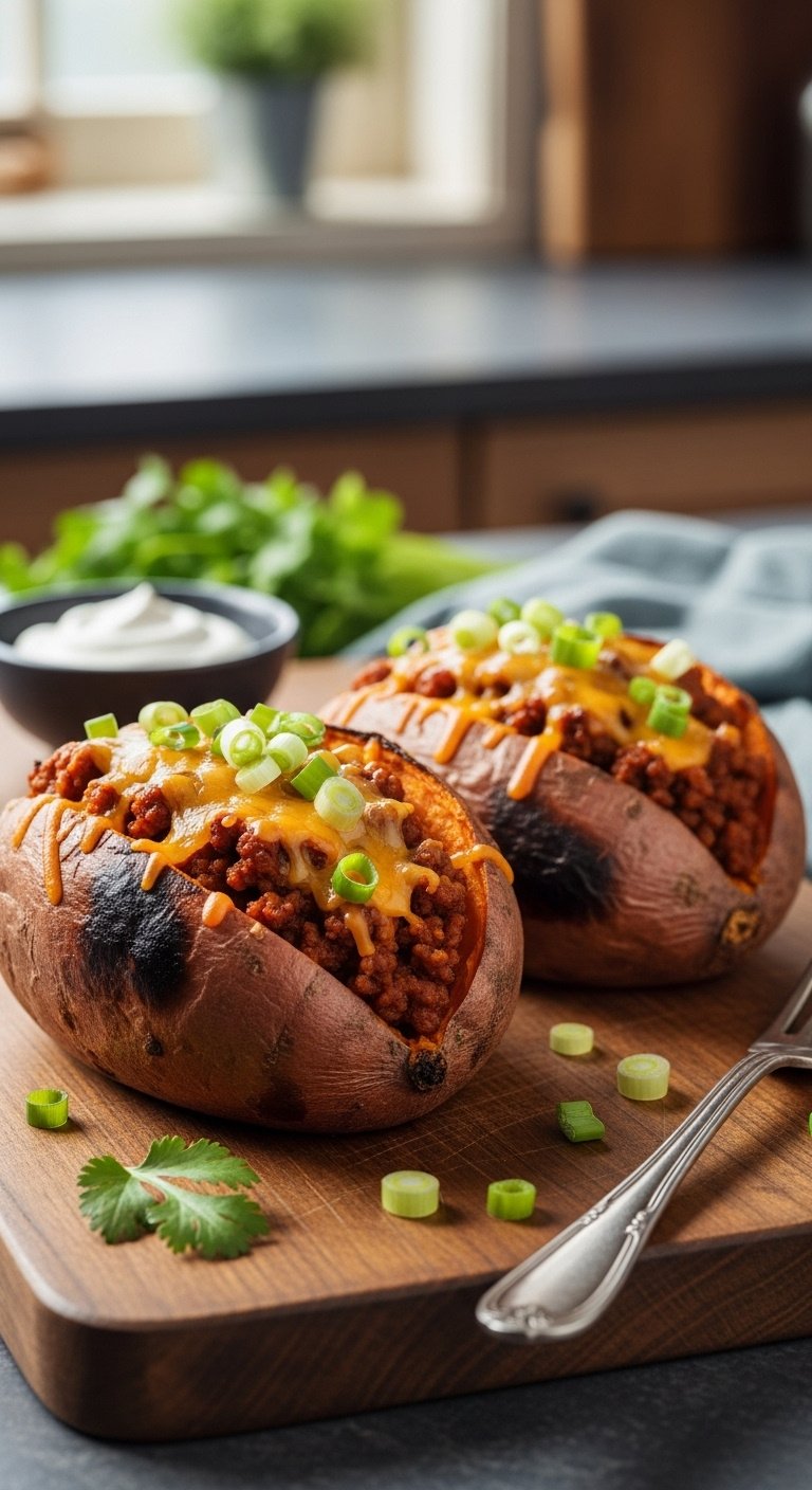 ground-beef-stuffed-sweet-potatoes-melted-cheese-green-onions-rustic-cutting-board