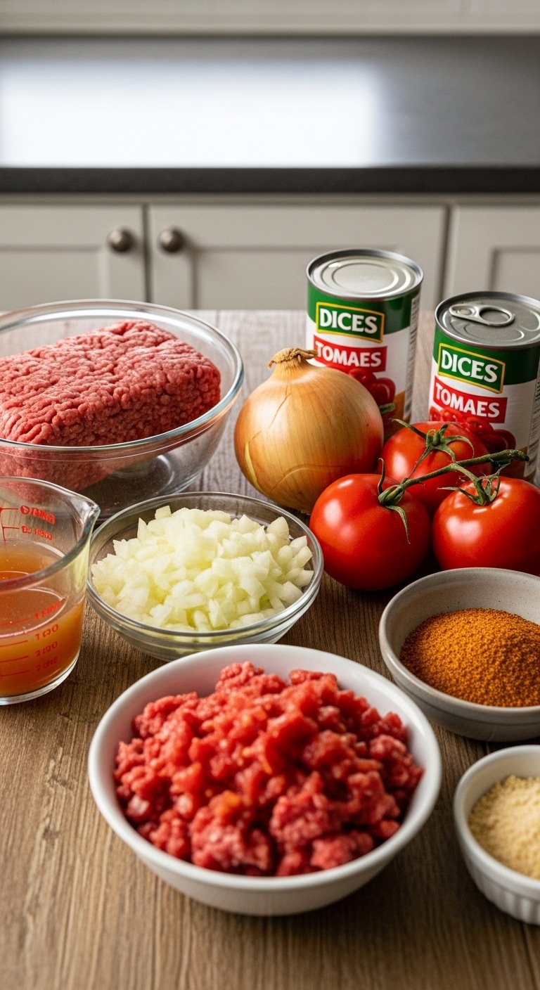 ground beef taco recipe ingredients flat lay with beef onion tomatoes taco seasoning and broth on rustic wood table