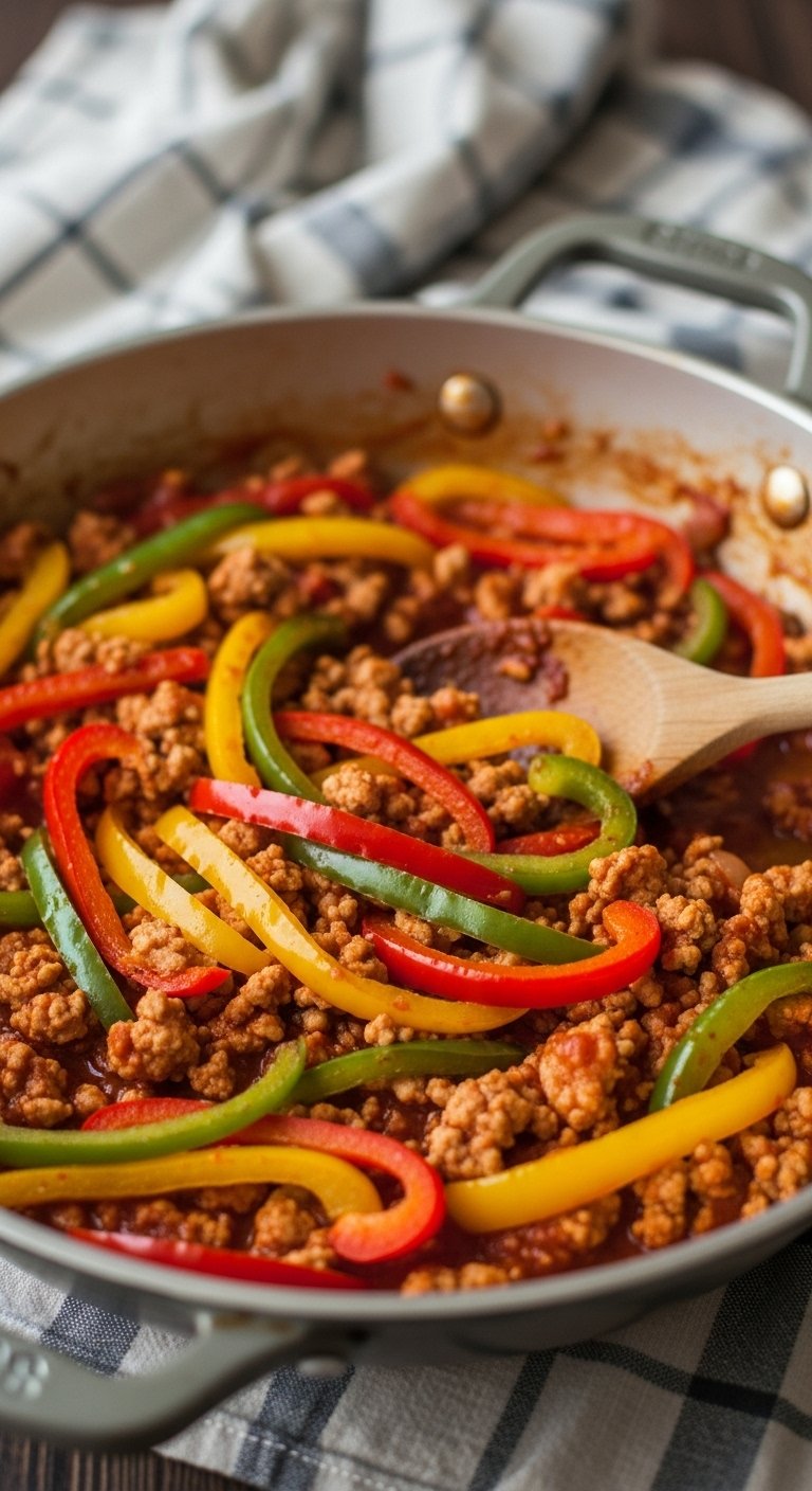 ground-turkey-and-peppers-in-skillet-with-wooden-spoon-checkered-cloth