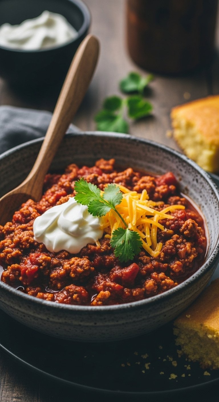 ground-turkey-chili-with-sour-cream-cheddar-cilantro-cornbread-side