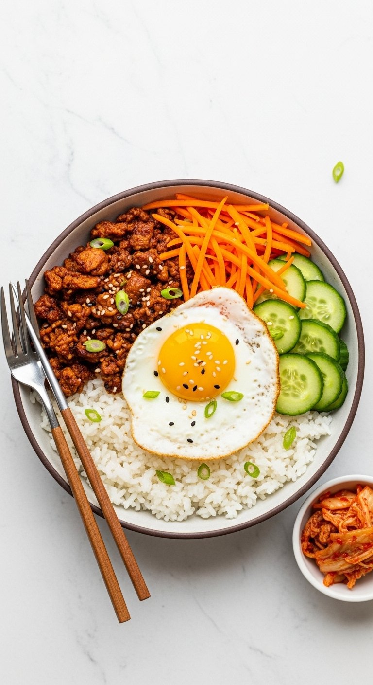 ground-turkey-korean-rice-bowl-fried-egg-kimchi-colorful