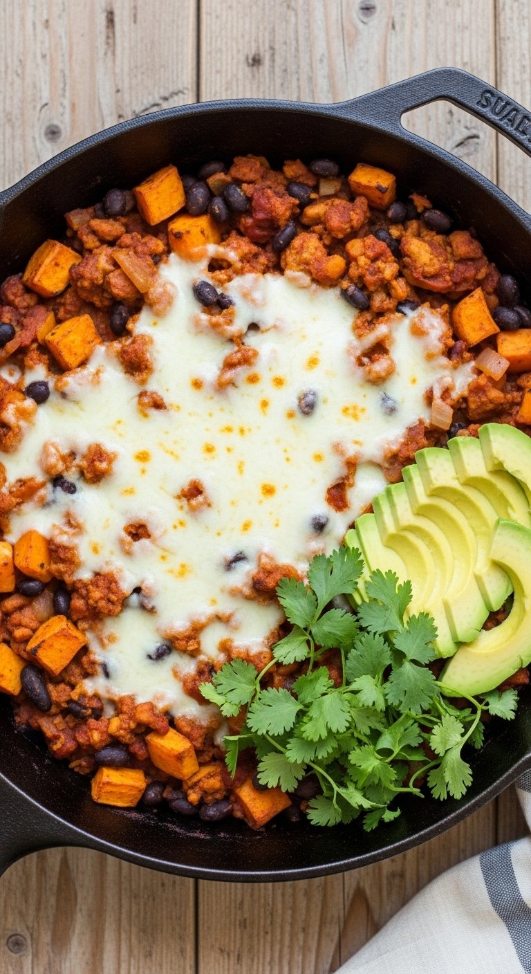 ground-turkey-sweet-potato-skillet-with-melted-cheese-avocado-cilantro