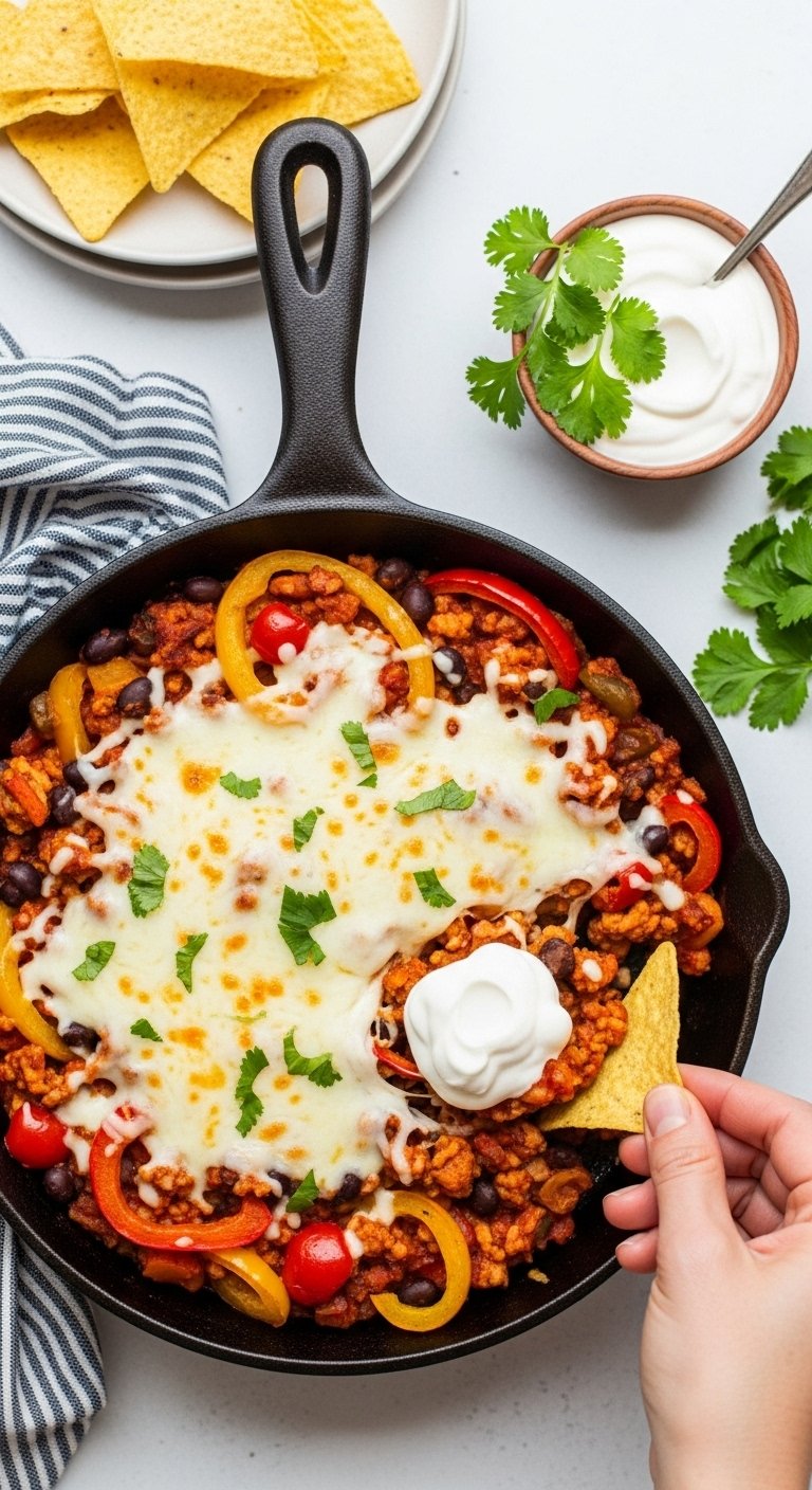 ground-turkey-taco-mixture-in-cast-iron-skillet-cheese-melted-chip-scoop