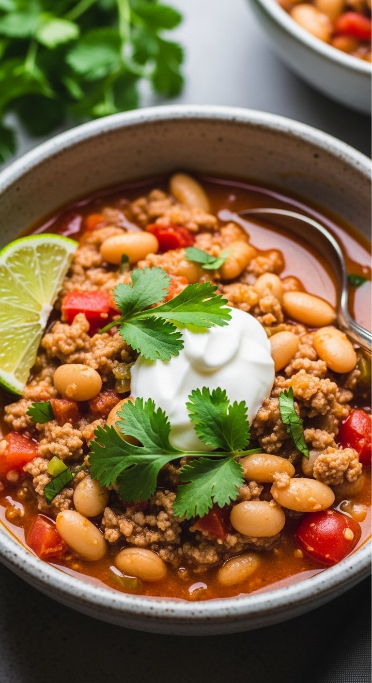 ground-turkey-white-bean-chili-ceramic-bowl-garnished-cilantro-healthy