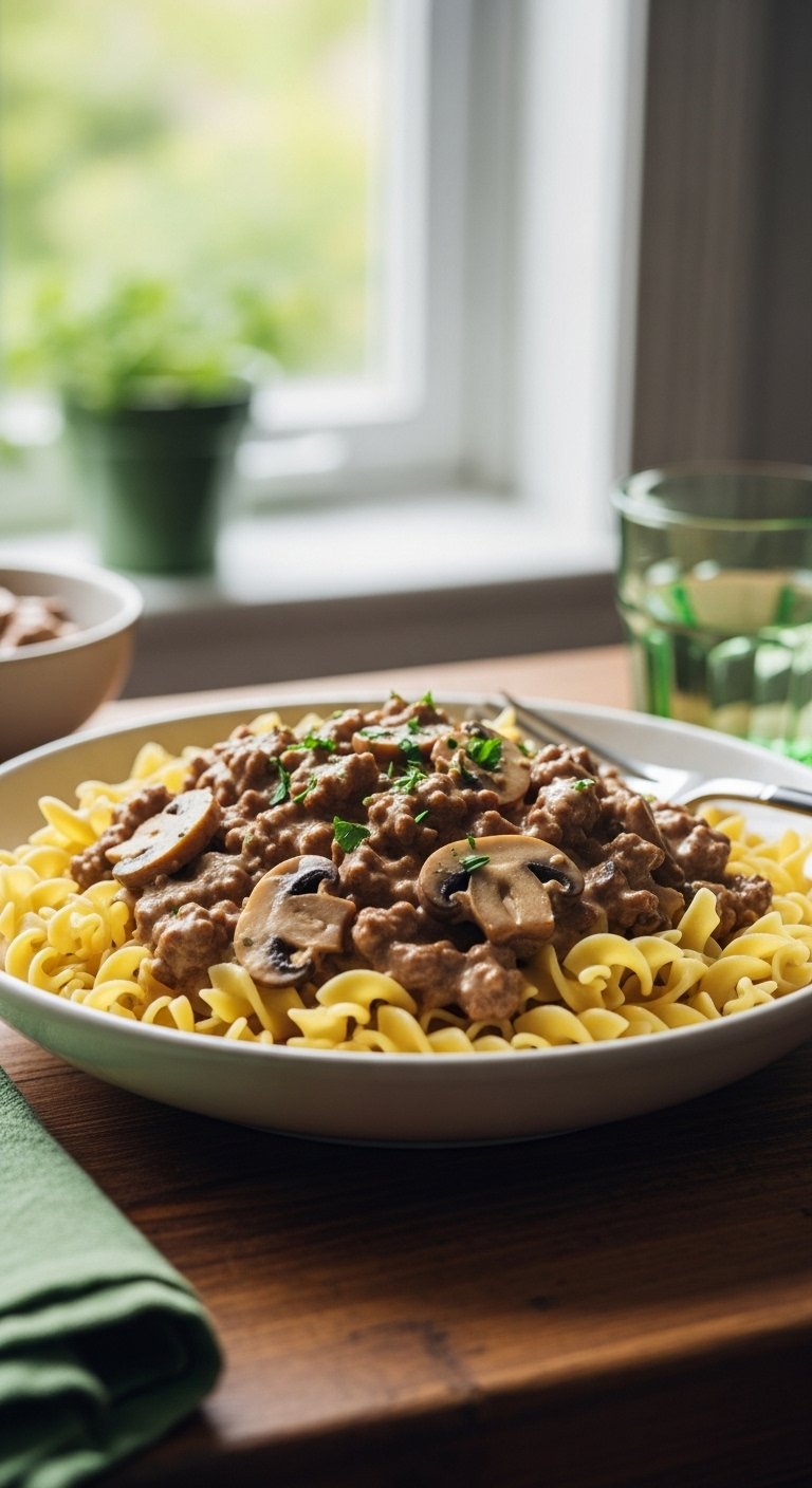 hamburger stroganoff with egg noodles and mushrooms