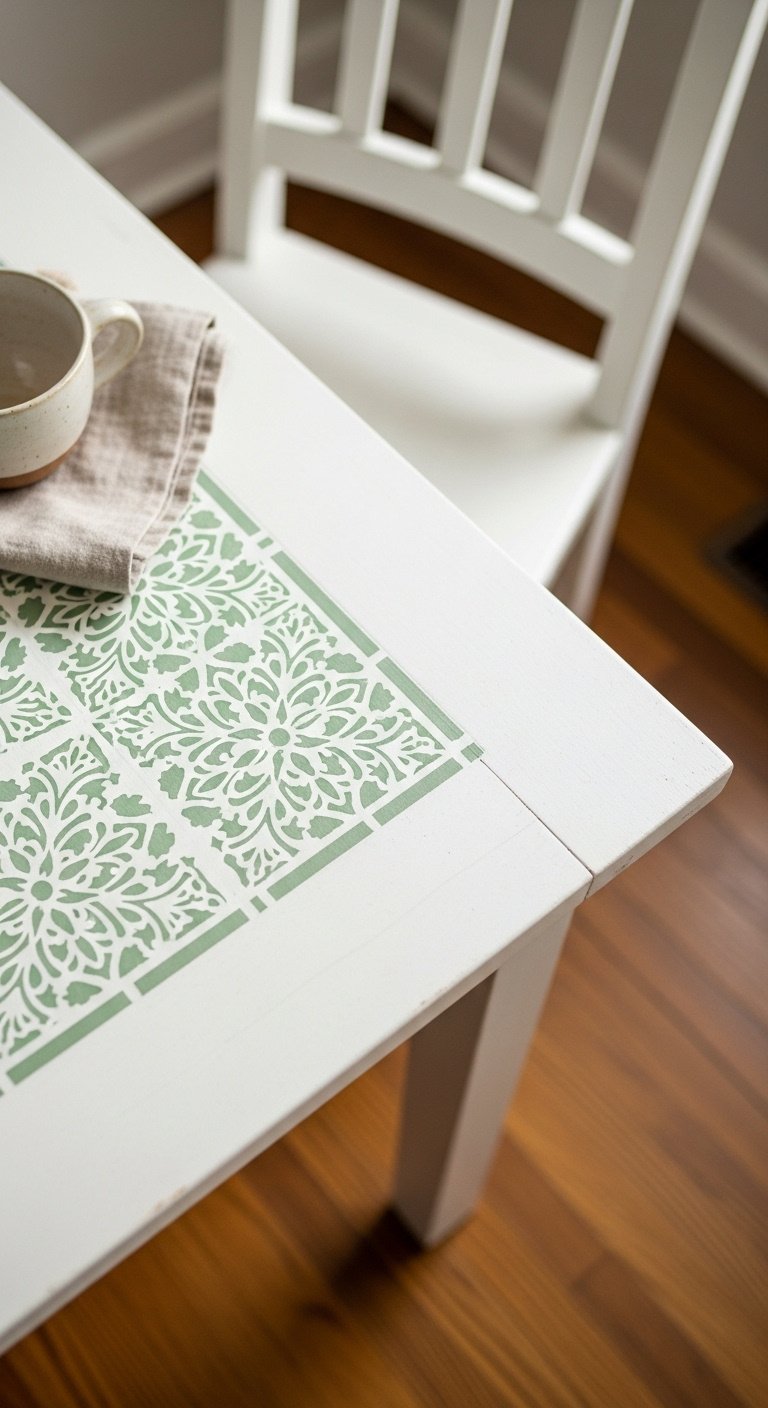 hand-painted-stenciled-pattern-sage-green-dining-table