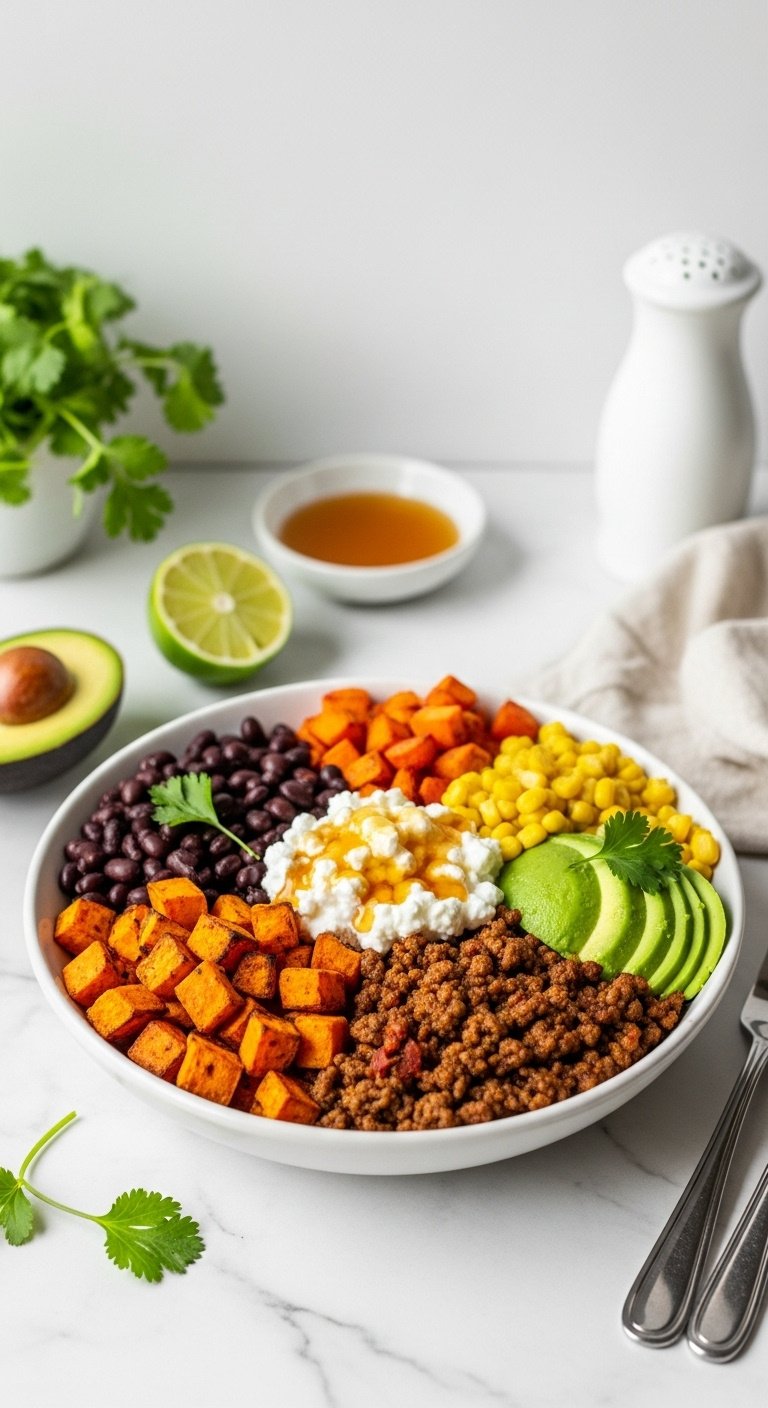 healthy-ground-beef-and-sweet-potato-power-bowls-roasted-sweet-potato-corn-black-beans-avocado-cottage-cheese-hot-honey