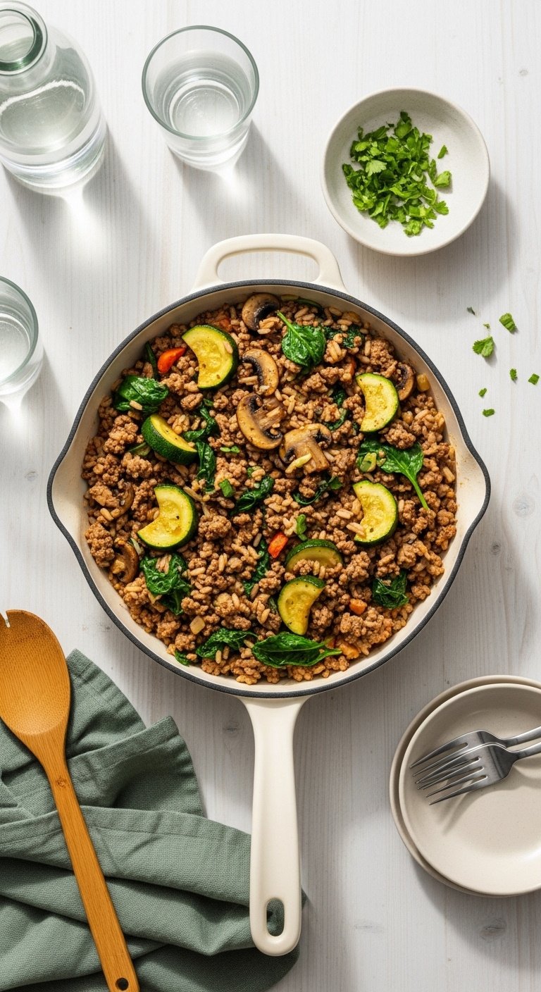 healthy-ground-beef-rice-skillet-extra-veggies-zucchini-mushrooms-spinach