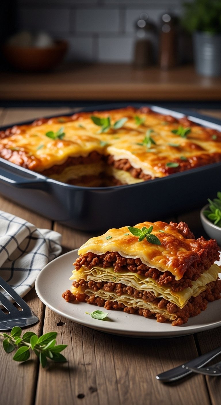 hearty baked cabbage ground beef casserole golden bubbly cheesy vertical portrait