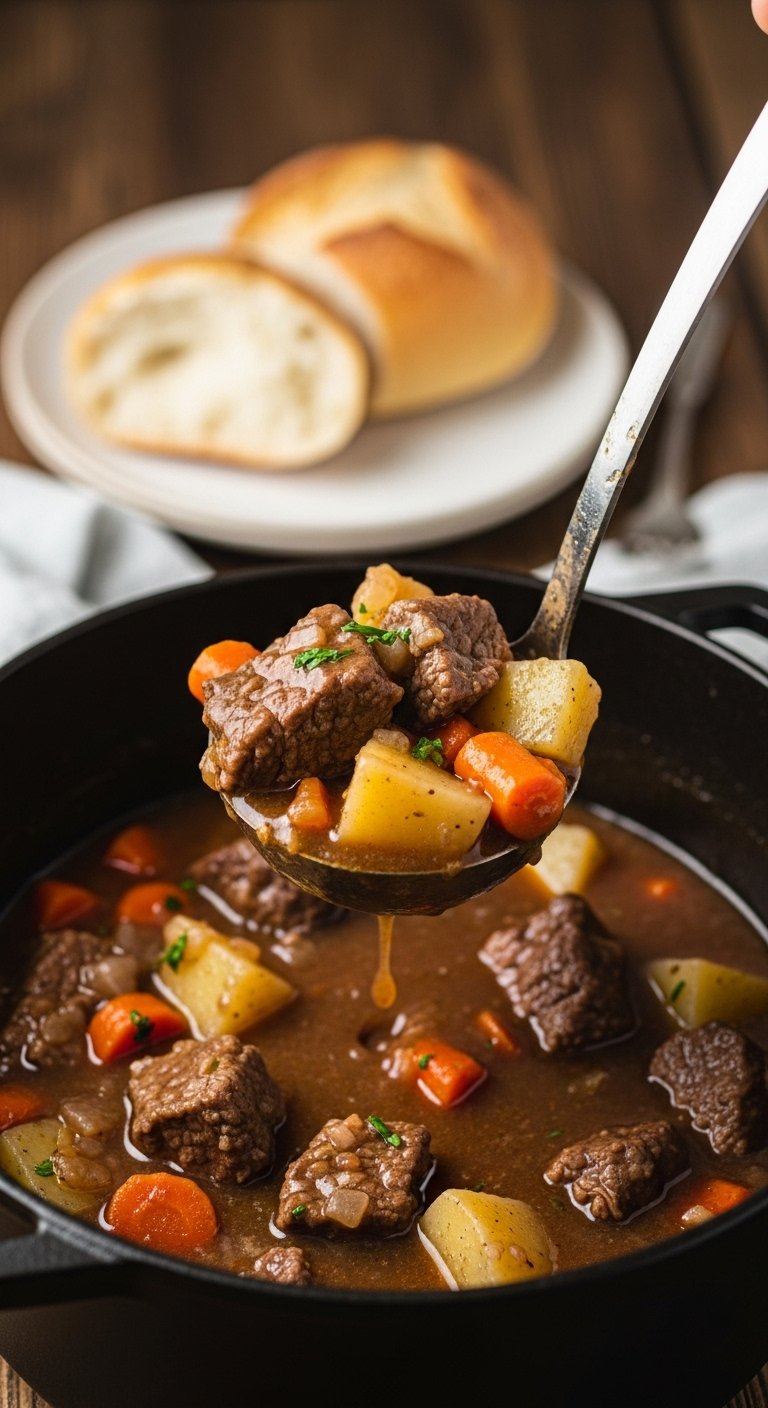 hearty beef stew with carrots and potatoes served with crusty bread for easy crockpot dump and go dinner