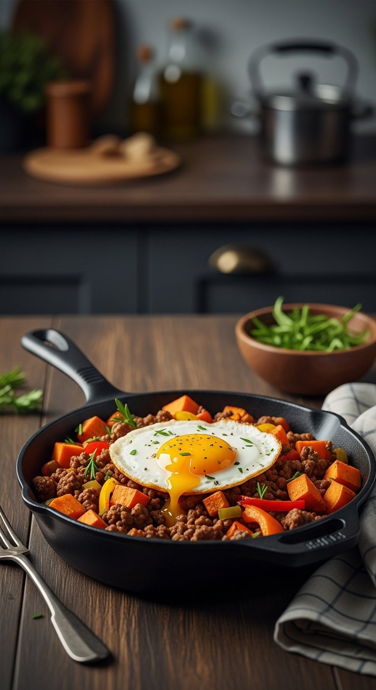 hearty-ground-beef-and-sweet-potato-hash-cast-iron-skillet-fried-egg-runny-yolk-bell-peppers