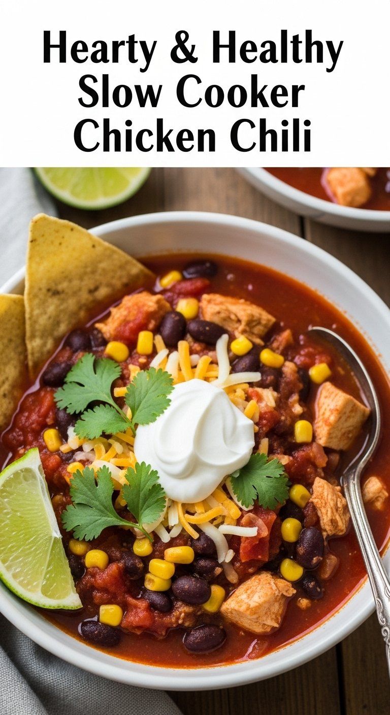 hearty healthy slow cooker chicken chili with sour cream cilantro and lime