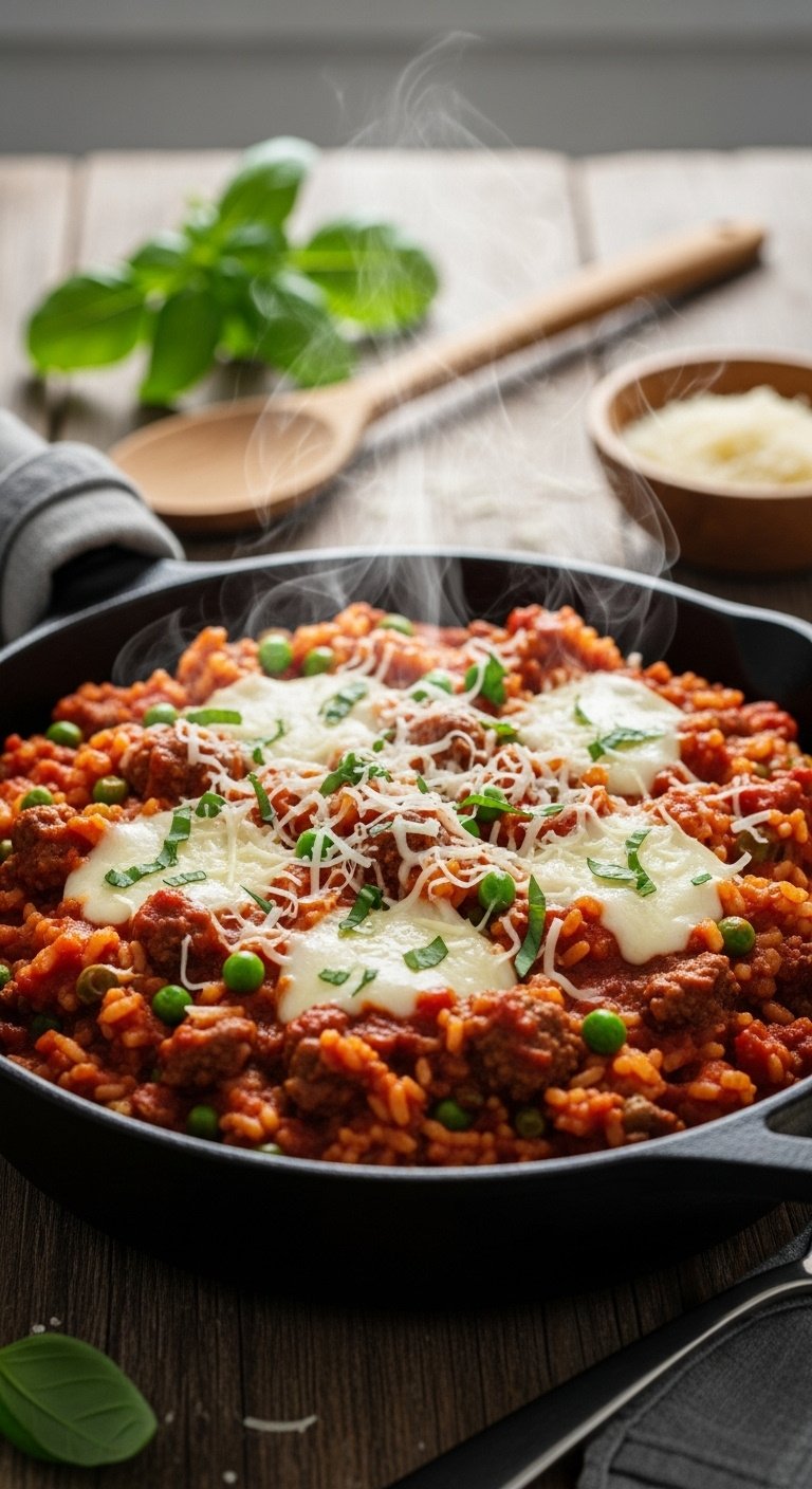 hearty-italian-beef-rice-skillet-mozzarella-parmesan-basil