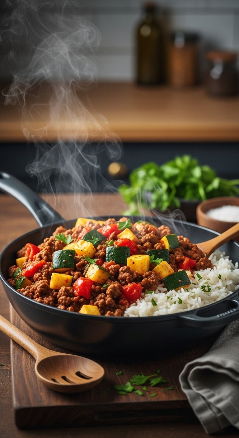 hearty-steaming-one-pot-ground-beef-and-zucchini-with-rice-skillet-diced-tomatoes-savory-sauce-fresh-parsley