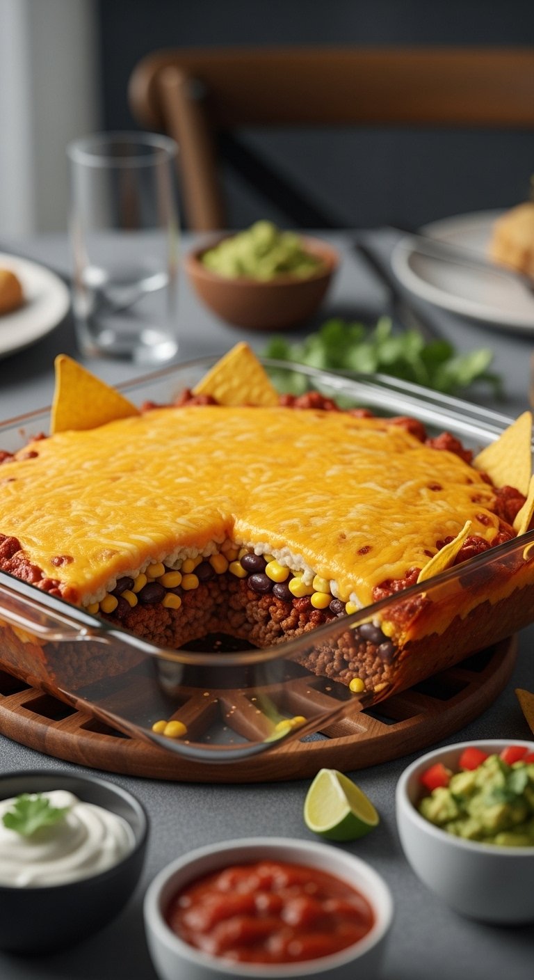 hearty taco casserole with ground beef corn black beans and melted cheddar cheese