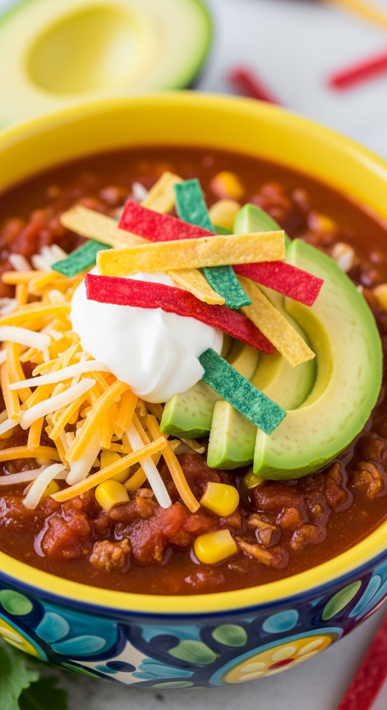 hearty taco soup with cheese avocado sour cream and tortilla strips in colorful ceramic bowl for easy crockpot dump and go dinner