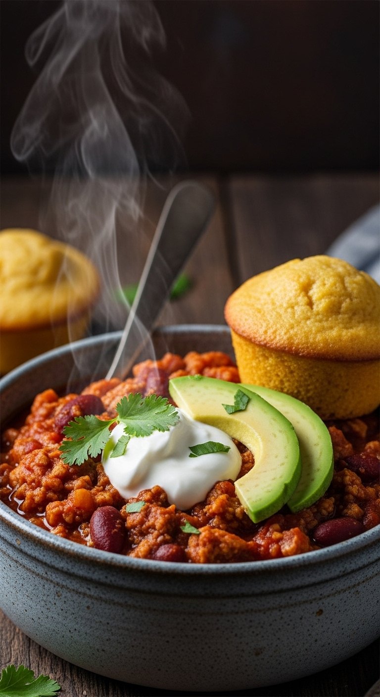 hearty-turkey-chili-with-avocado-yogurt-cilantro-cornbread-muffin