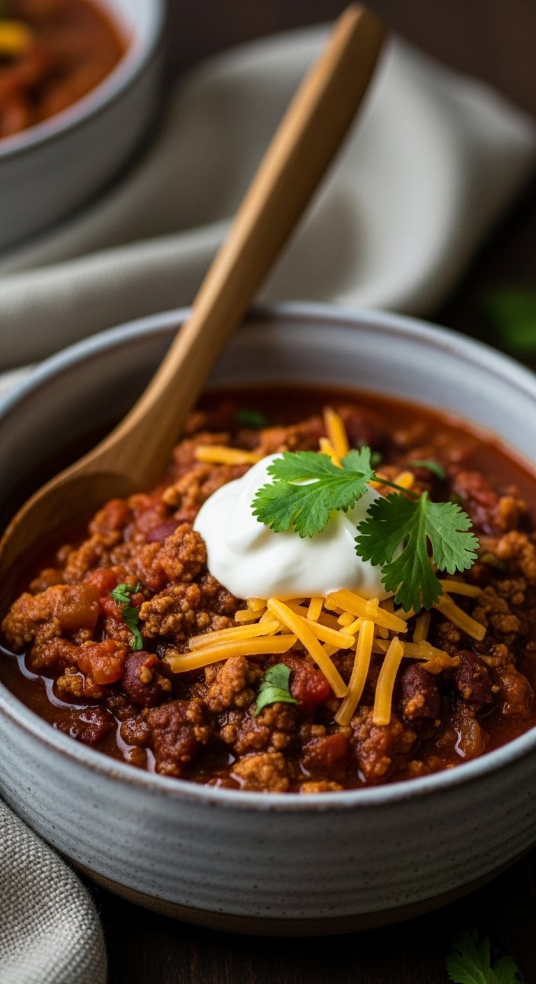 hearty-turkey-chili-with-sour-cream-cheddar-cilantro-wooden-spoon