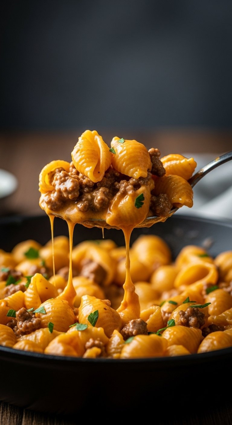 homemade hamburger helper cheesy pasta with ground beef in skillet