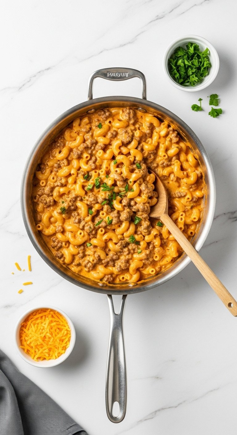 homemade-hamburger-helper-with-ground-beef-and-macaroni-in-stainless-steel-skillet