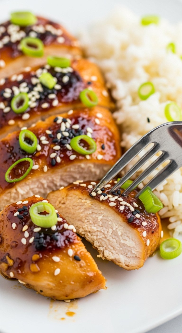 honey garlic chicken breast sesame seeds scallions juicy sauce rice plate