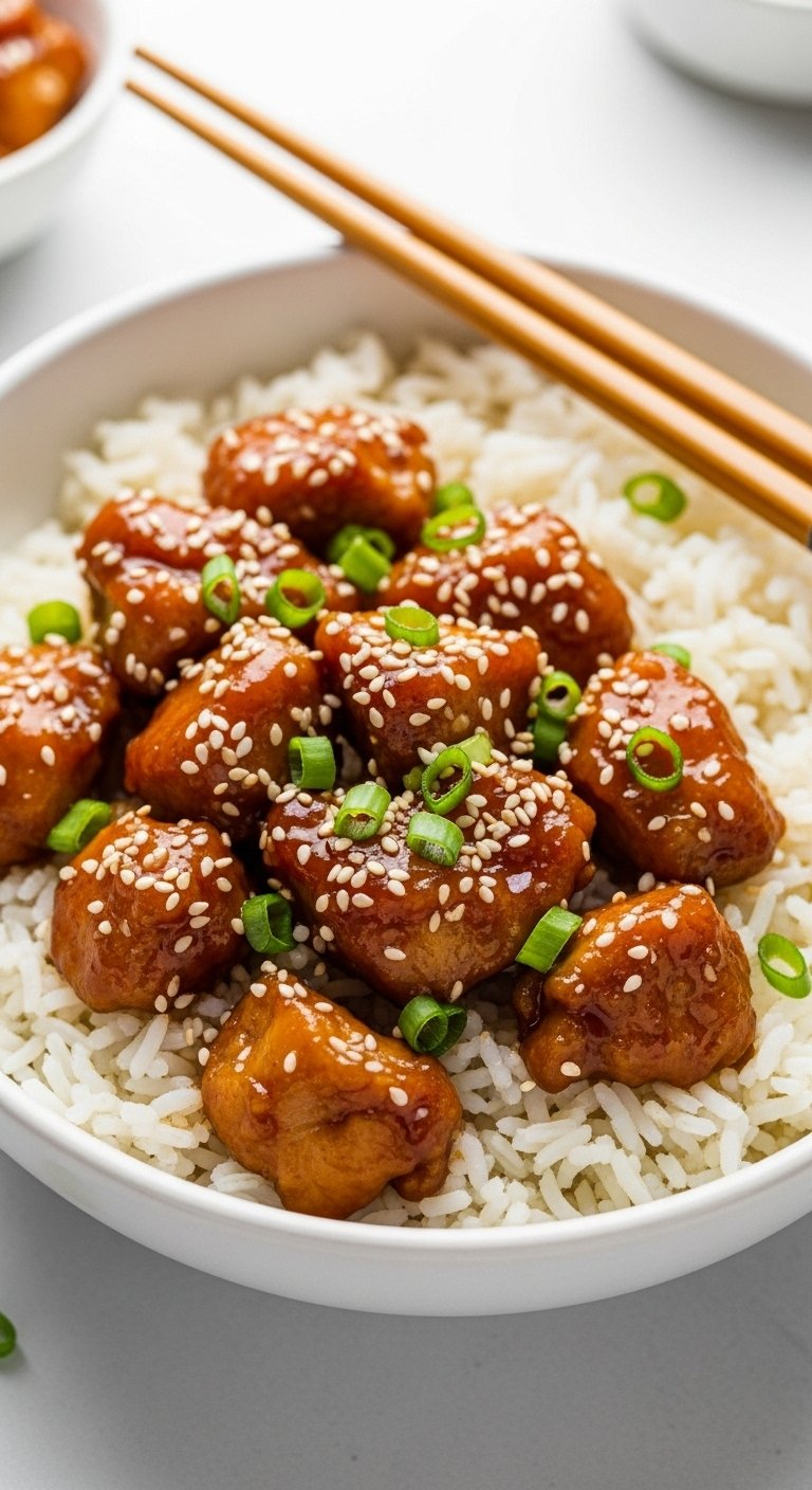 honey garlic chicken over white rice with sesame seeds and green onions in ceramic bowl for easy crockpot dump and go dinner