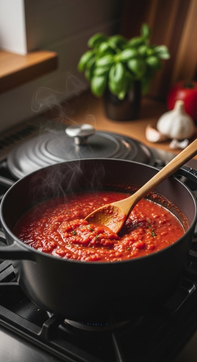 how-to-make-rich-homemade-marinara-sauce-simmering-in-dutch-oven-with-basil-and-garlic