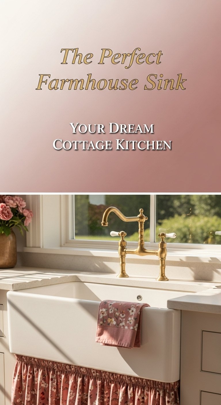 White ceramic apron-front farmhouse sink with dusty rose floral skirt and vintage brass bridge faucet.
