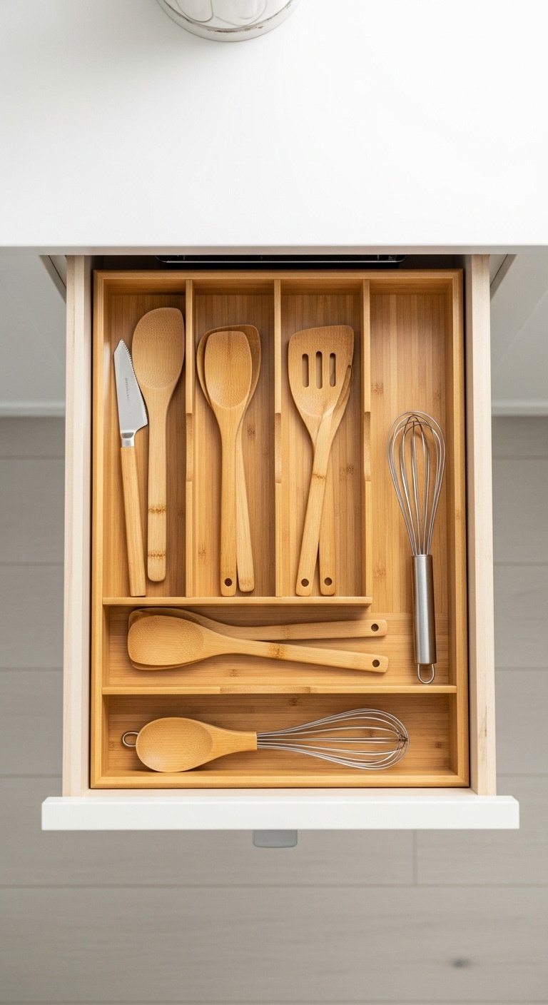 improving-storage-solutions-organized-kitchen-drawer-bamboo-divider-wooden-utensils