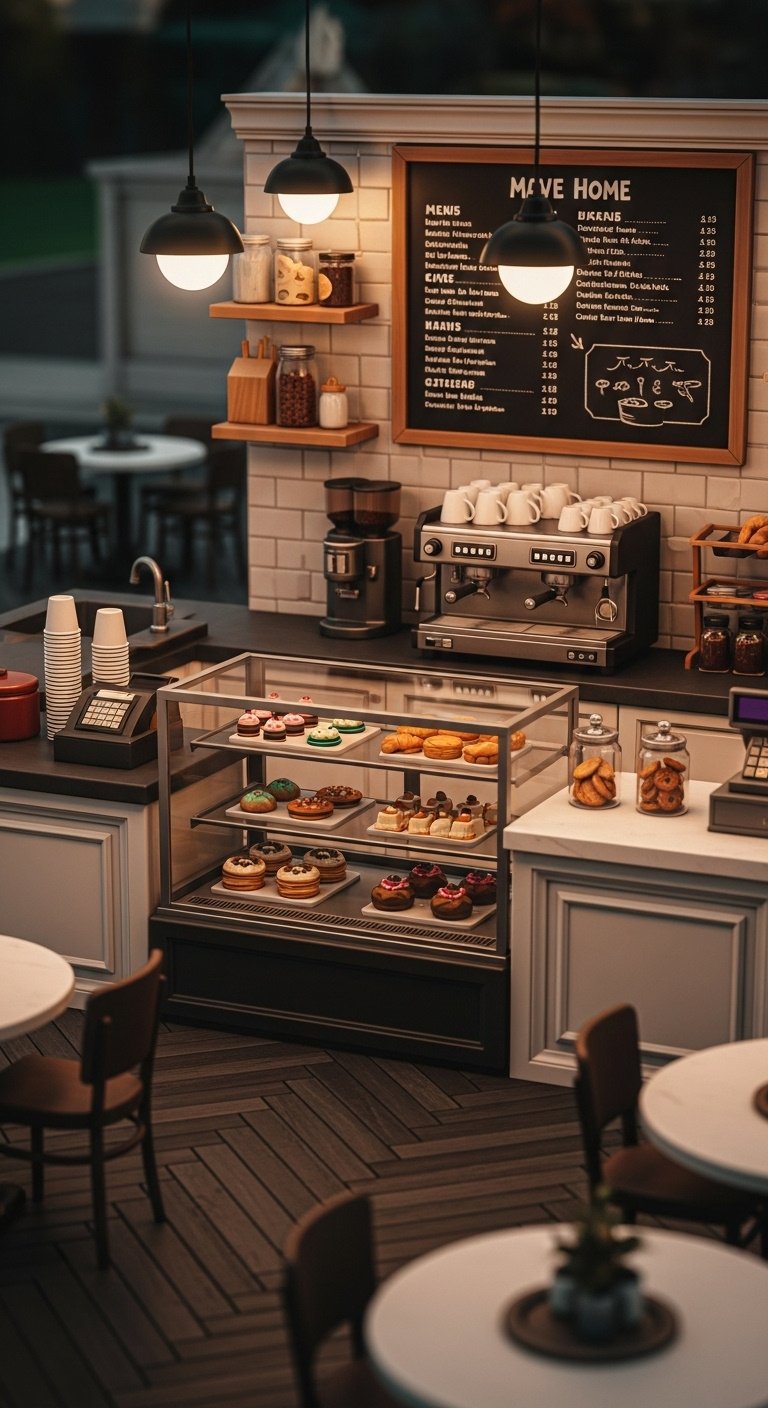 in-home café bakery kitchen bloxburg espresso machine glass display case pastries chalkboard menu warm cozy mood high resolution 8K herringbone floor