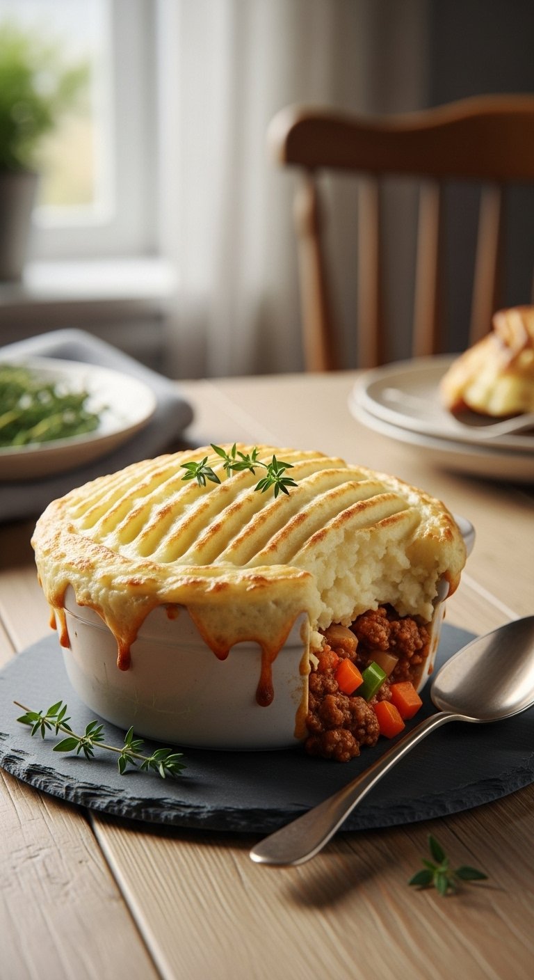 individual shepherds pie with golden mashed potato topping and bubbling beef filling in rustic ramekin with thyme on slate coaster