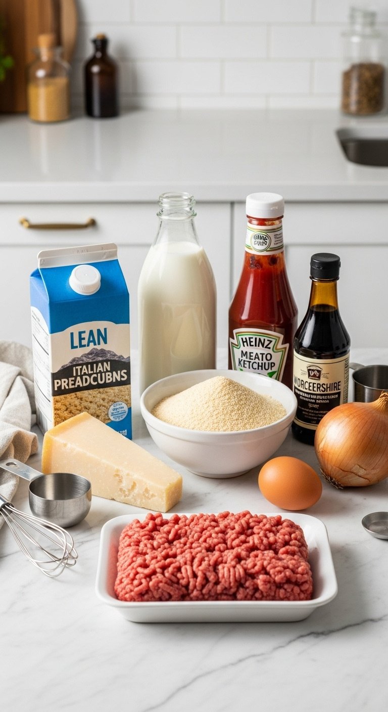 ingredients for mini meatloaf including ground beef breadcrumbs Parmesan milk egg onion ketchup Worcestershire sauce on marble countertop