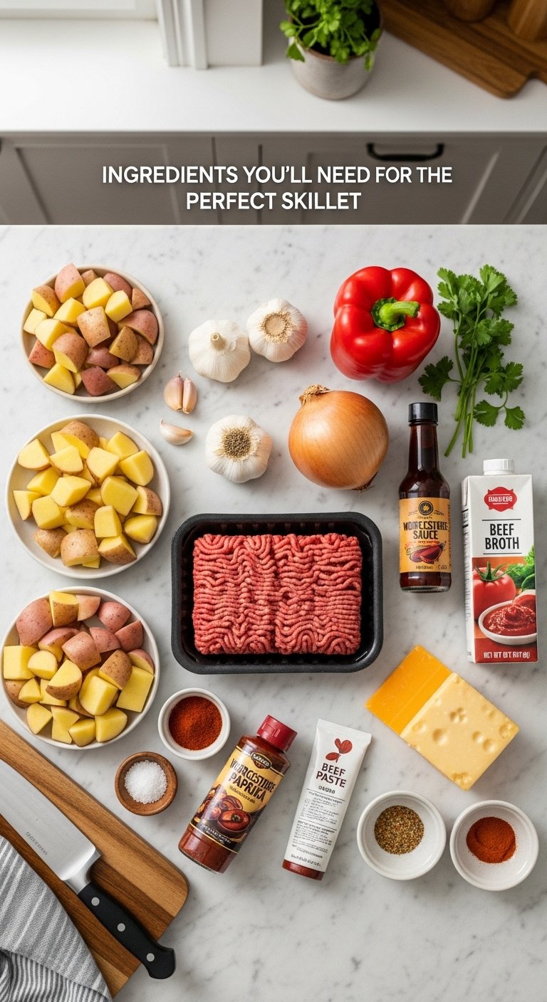 ingredients-for-perfect-ground-beef-potato-skillet-diced-potatoes-garlic-onion-spices