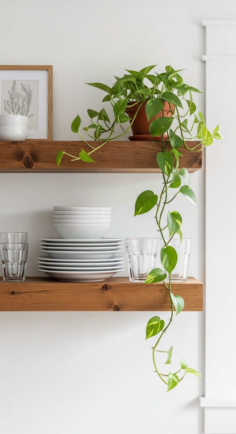 installing-floating-shelves-rustic-wood-ceramic-plates-drinking-glasses-pothos-plant