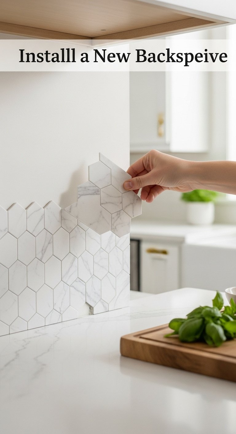 installing-new-backsplash-white-marble-hexagon-peel-and-stick-tiles