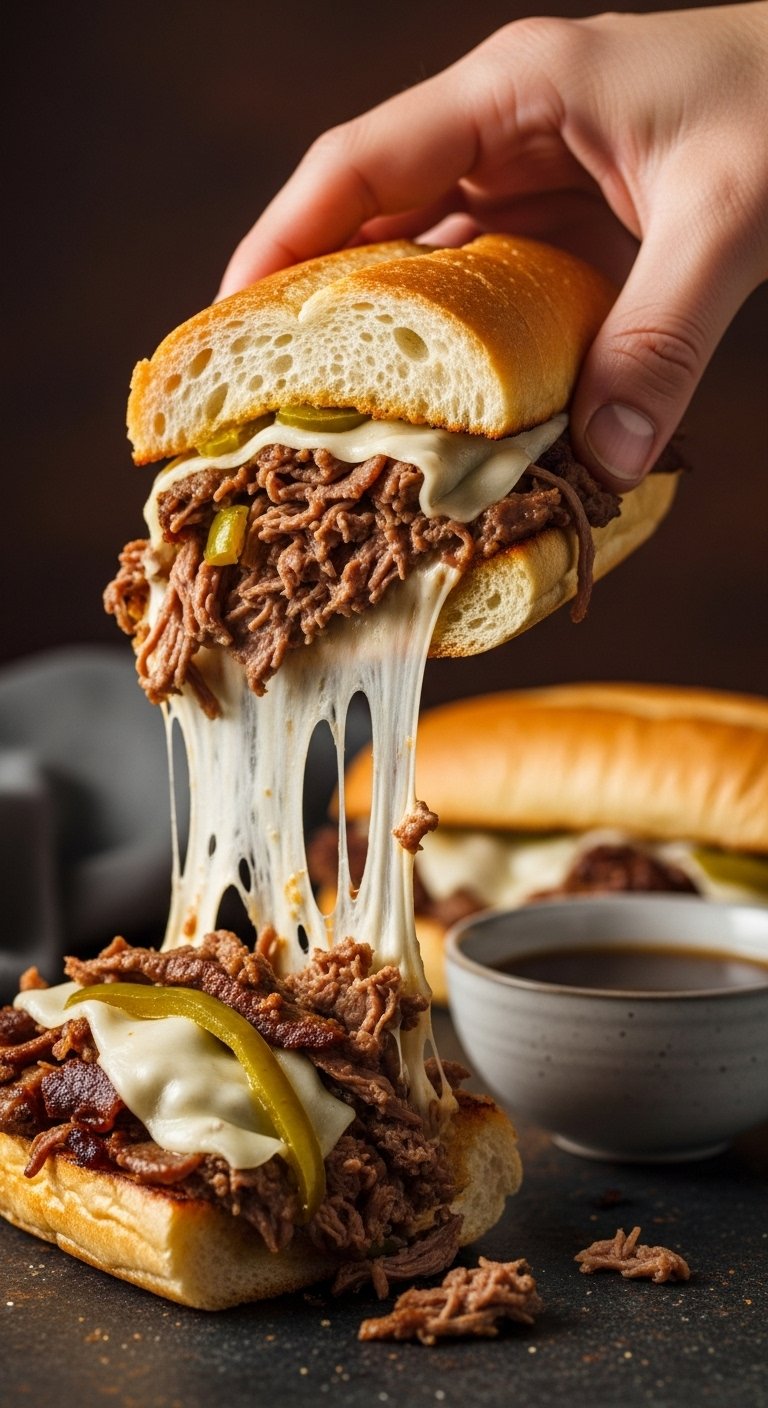 italian beef sandwich cheese pull crock pot dinner toasted bread beef peppers