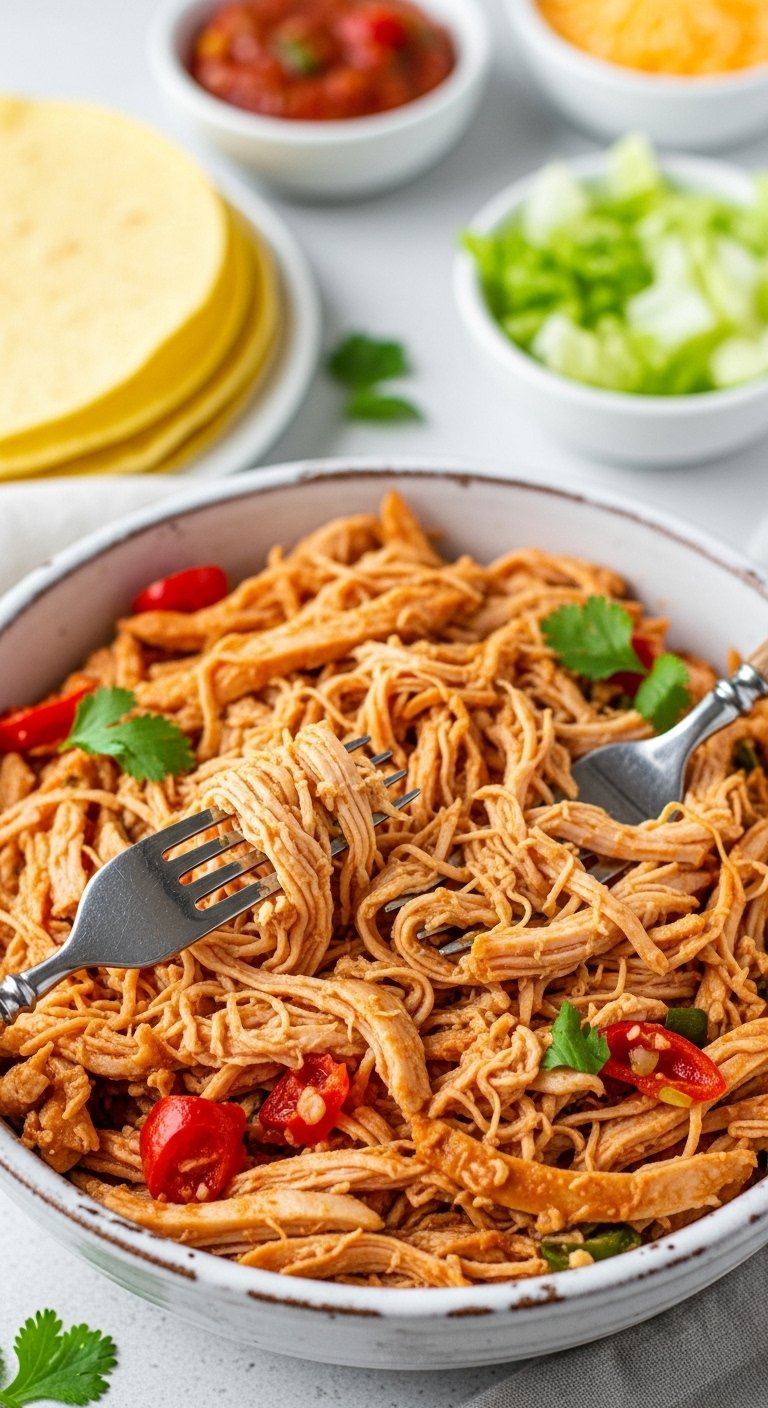 juicy shredded chicken for tacos sandwiches with salsa and cilantro