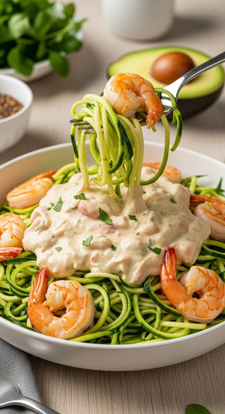 keto alfredo zucchini noodles with shrimp in white bowl on light wooden surface