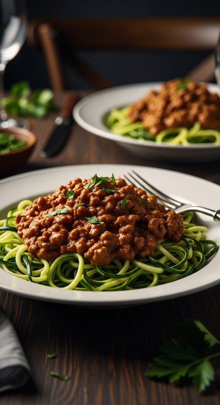 keto ground beef stroganoff zucchini noodles savory sauce parsley
